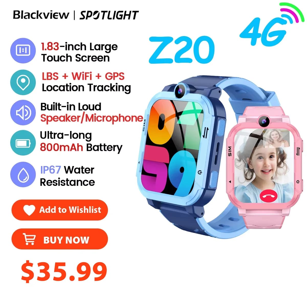 Blackview Z20 4G Astuto Della Vigilanza Per Bambini 800mAh Videochiamata GPS WiFi Tracker Posizione Chiamata SOS Indietro Monitor Orologio Del Telefono Smartwatch