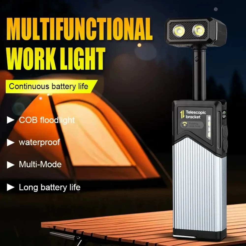 180 ° Lampada da Lavoro LED Tattica Rotante con Gancio Magnetico Telescopico, Ricaricabile USB, Display Digitale della Potenza, Impermeabile per Campeggio
