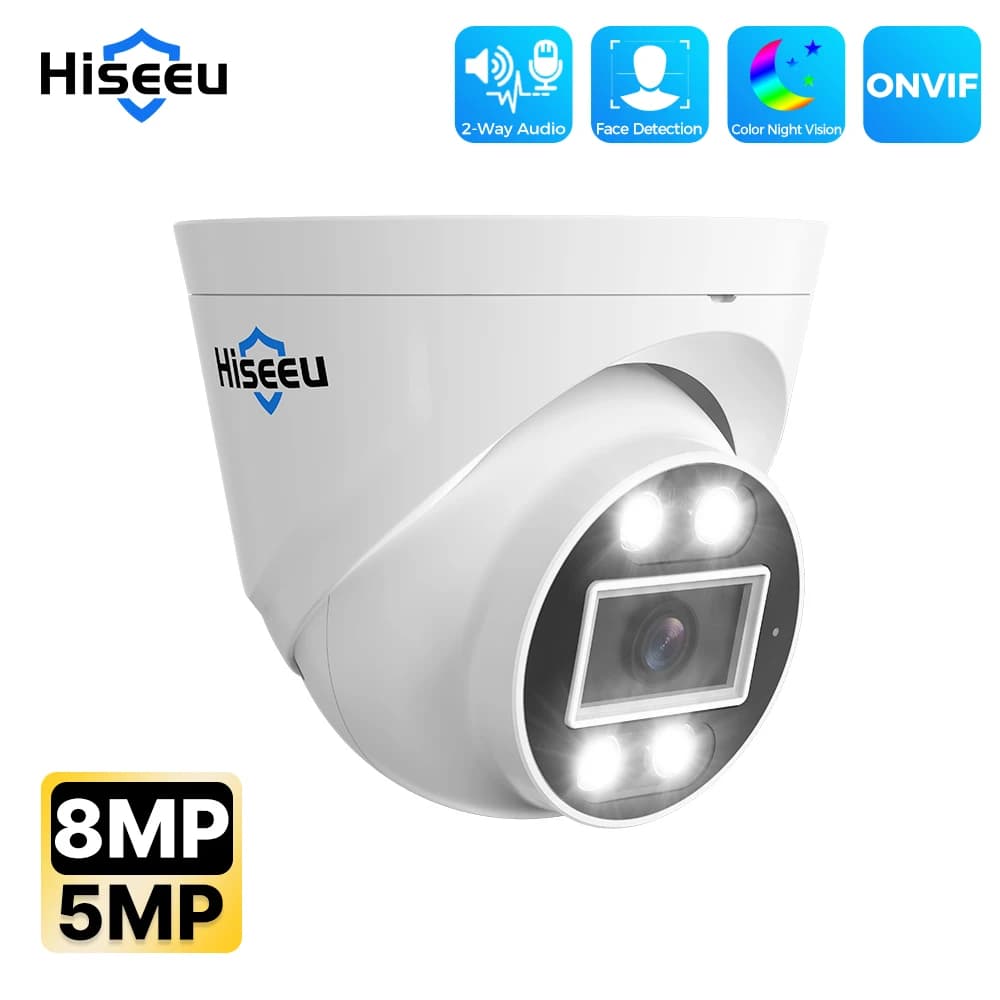 Telecamera IP POE Hiseeu 5MP 8MP 4K ONVIF, Telecamera di Sorveglianza a Cupola CCTV con Audio Bidirezionale, Rilevamento Facciale e Visione Notturna
