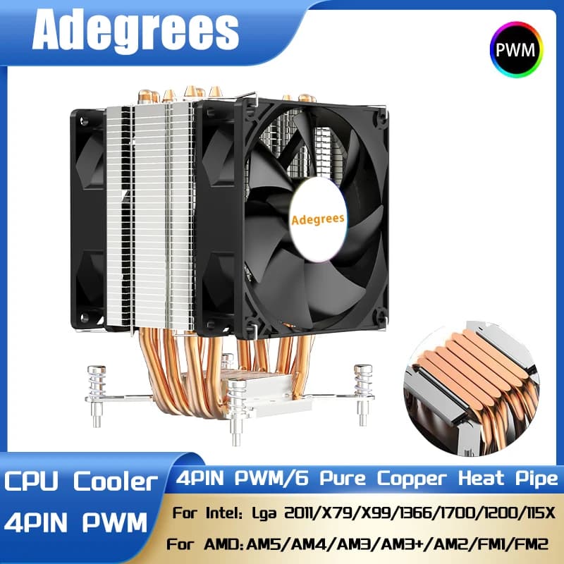 CPU Air Cooler 6 HeatPipes 4PIN PWM Processore PC Radiatore Ventola silenziosa per LGA1700 1200 1366 1151 1150 2011 X99 X79 AM4 AM5