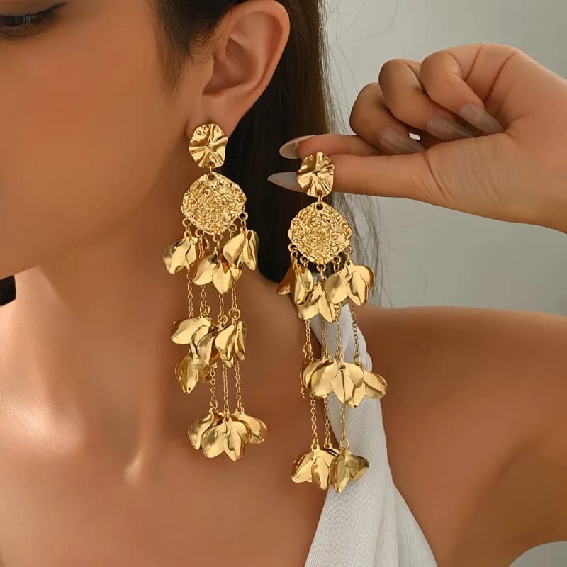 Individually Exaggerated Design Gold Color Petal Tassel Earrings, Women's Fashion Classic Holiday Party Accessories Jewelry