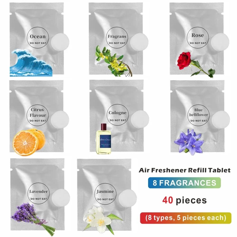 Pack of 40 tablets for air fresheners, 8 long-lasting perfumes for cars, shoes and cabinets - individually packaged fragrant tablets