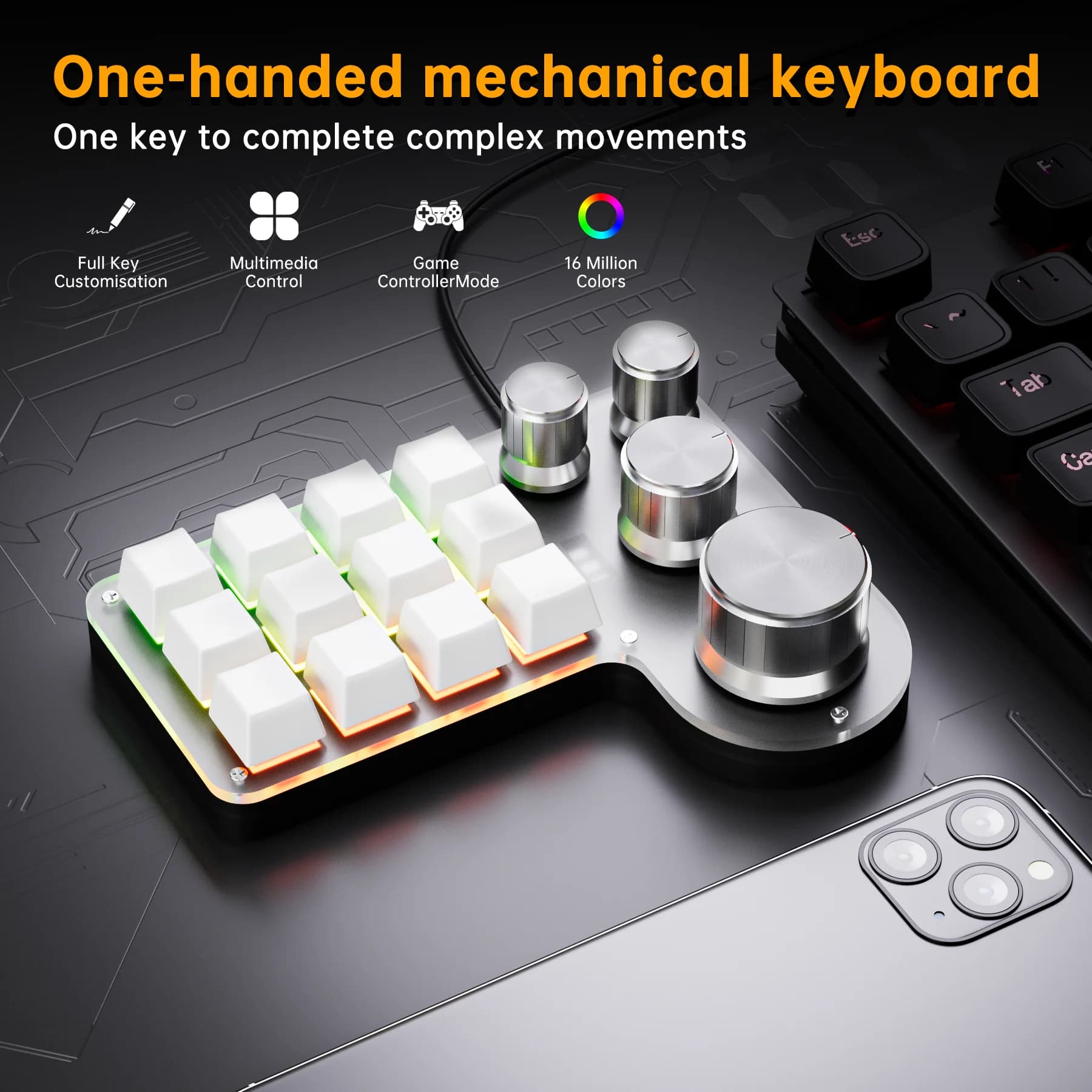 Tastiera macro programmabile RGB a 12 tasti e 4 manopole per Photoshop e gaming, hot-swap, USB cablata/Bluetooth/2.4G opzionale