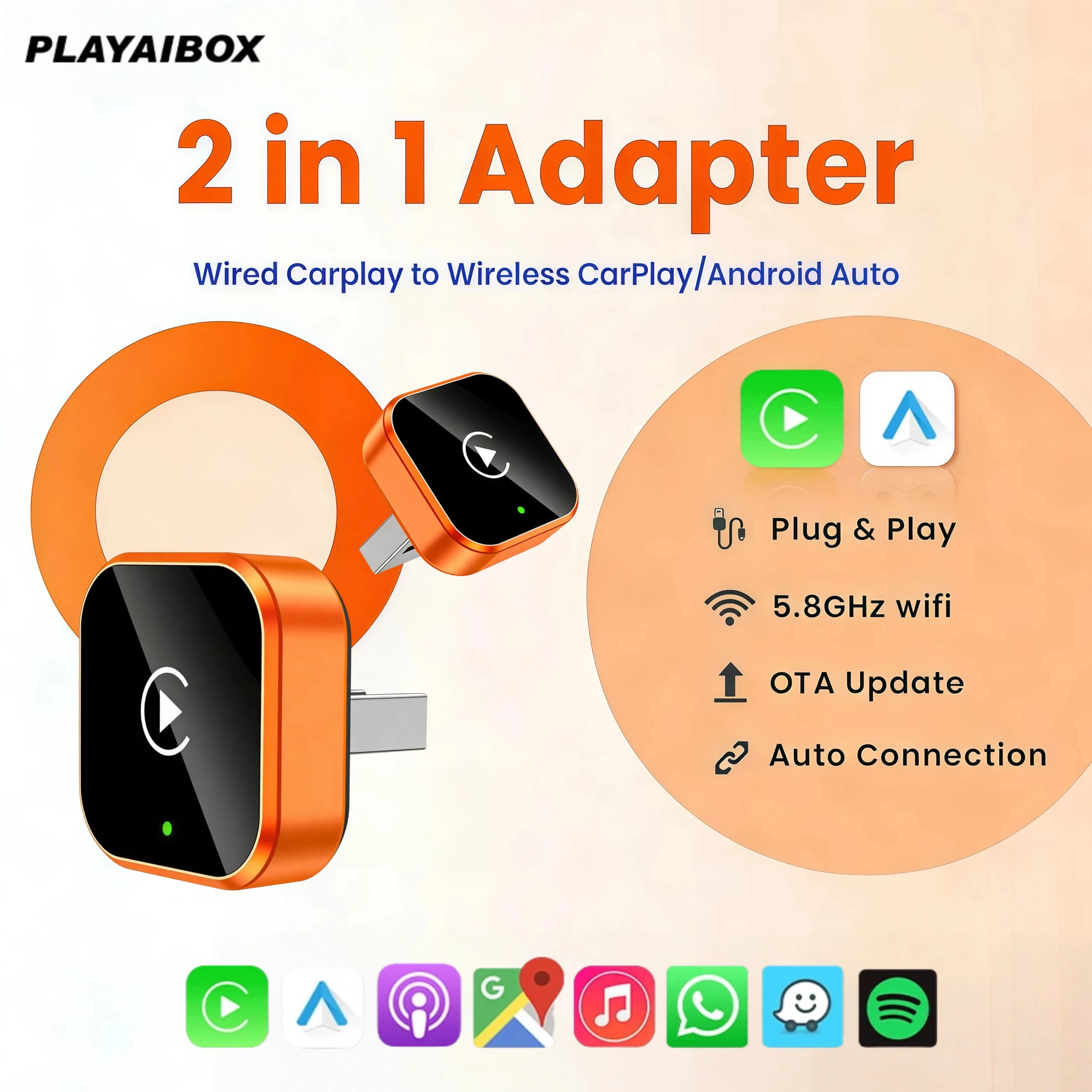 New Wireless 2in1 CarPlay Adapter Android Auto USB Plug & Play Automatic WiFi Low Latenza Dongle Intelligent Universal