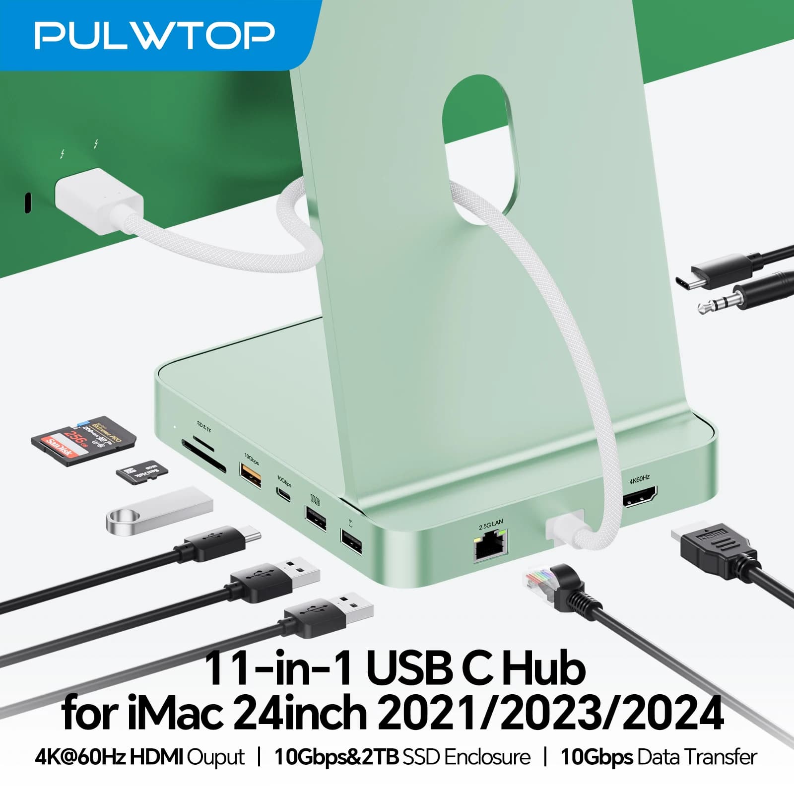 USB C PULWTOP Hub for iMac 24 inch M1 M3 M4, SSD M.2 support (NON included) with 4K H, Ethernet 2.5G, USB A/C max 10 Gbps, SD/TF