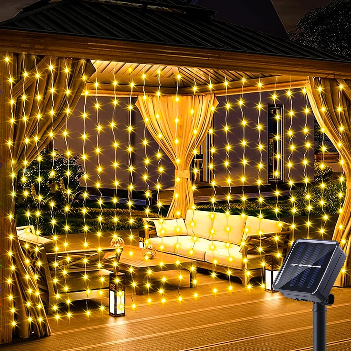 1 confezione da 300 LED per tende solari da esterno, 8 modalità, lucine, IP44 impermeabile, decorazioni natalizie per pareti da giardino 9,8 piedi x 9,8 piedi