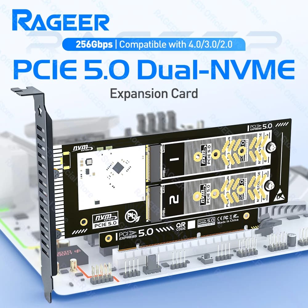 RAGEER Scheda di Estensione PCIe 5.0 a Doppio M.2 NVMe X16/X8, Adattatore Riser Card 256Gbps per SSD 2280/60/42/30, Supporto RAID 0
