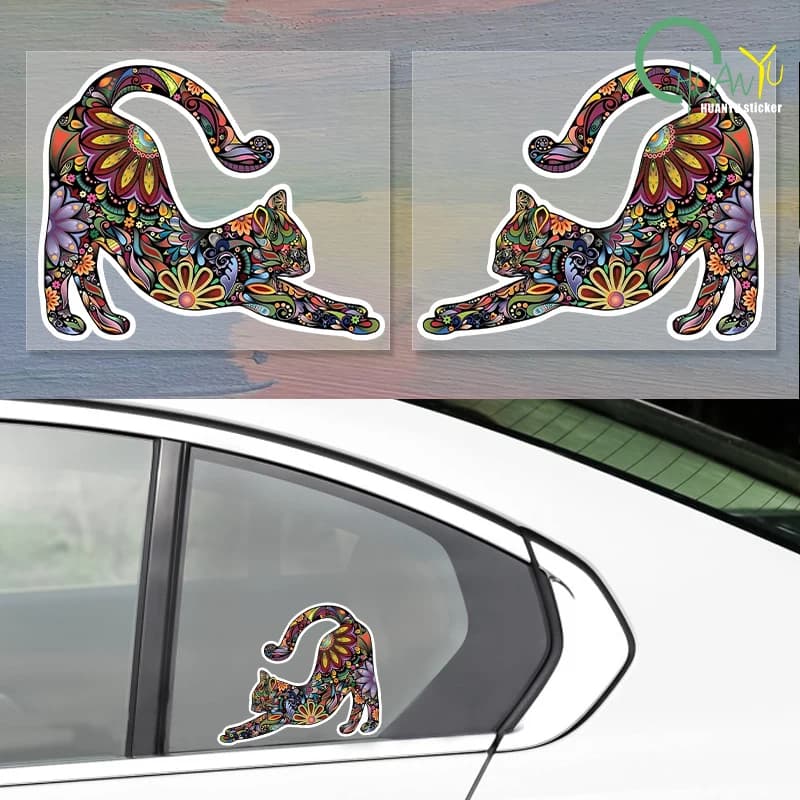 Adesivi artistici personalizzati per gatti con motivo colorato, finestrini dell'auto, adesivi per paraurti per moto, adesivi riflettenti impermeabili