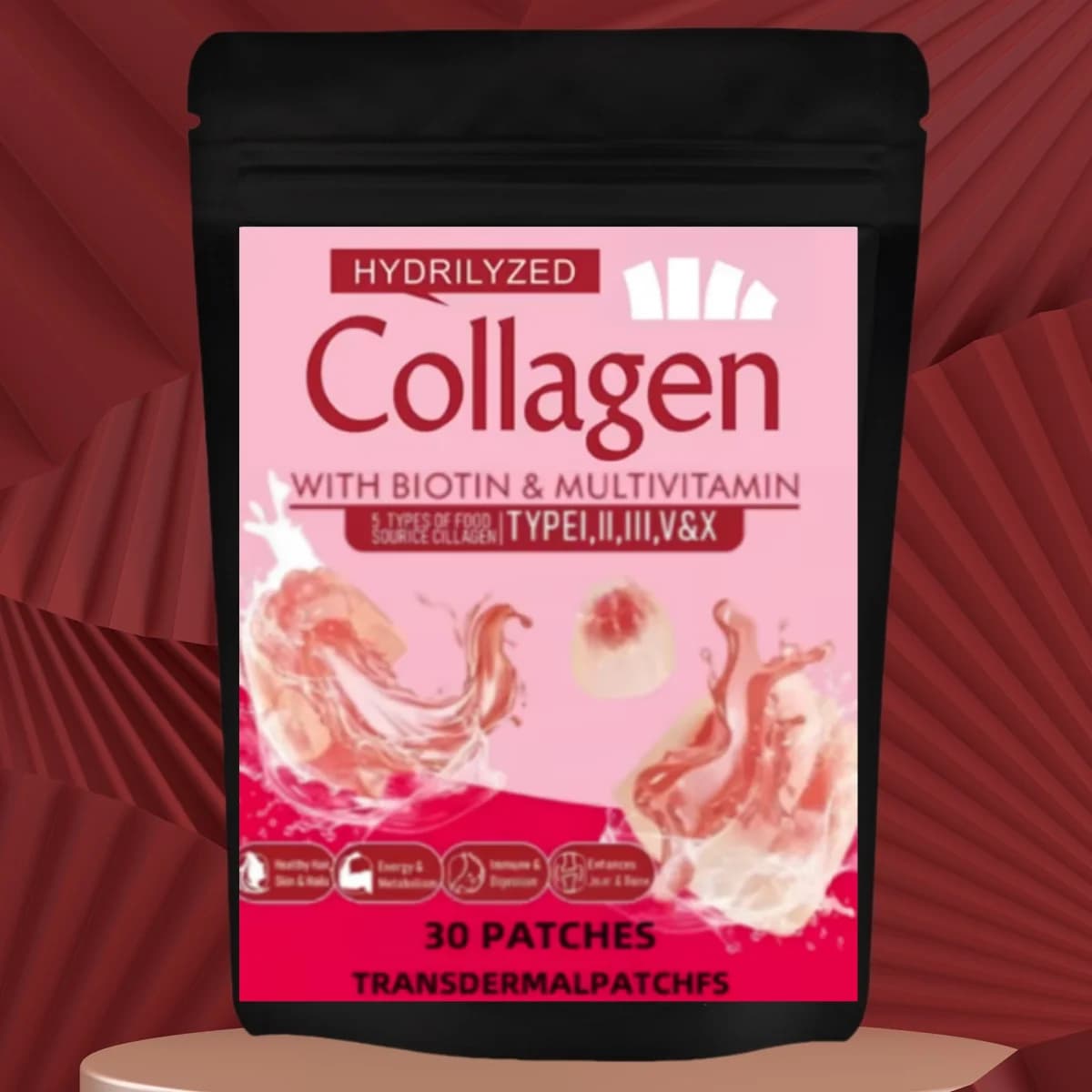 30 Cerotti Transdermici al Collagene Marino con Tipi I, II, V, X, Biotina, Resveratrol for Hair, Skin and Anti-Aging