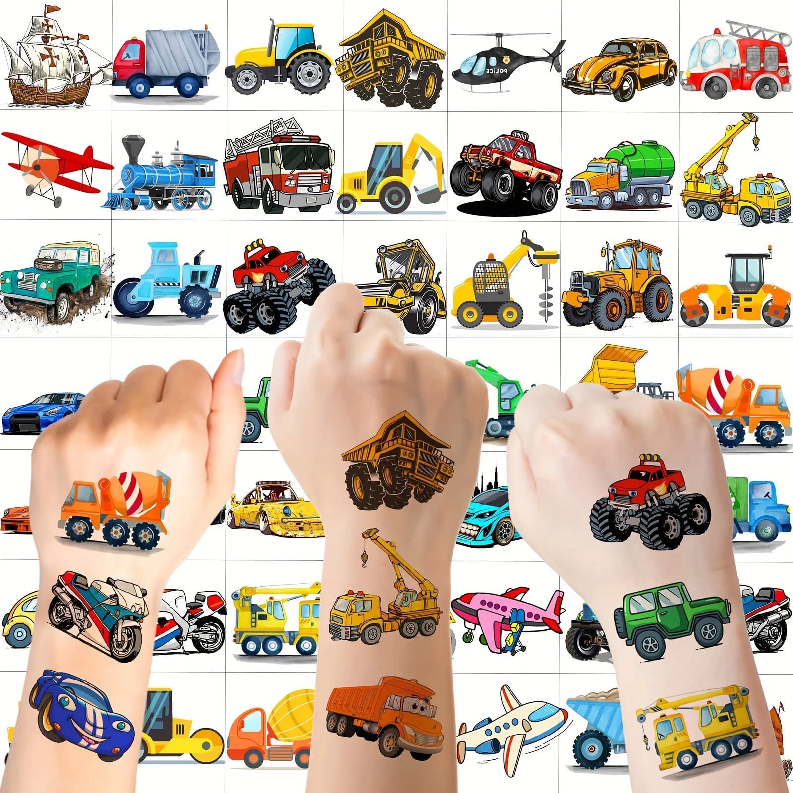 50 pezzi tatuaggi temporanei per costruzioni sfuse per ragazzi ragazze viso braccio 3D escavatore bulldozer camion auto da corsa adesivo tatuaggio finto