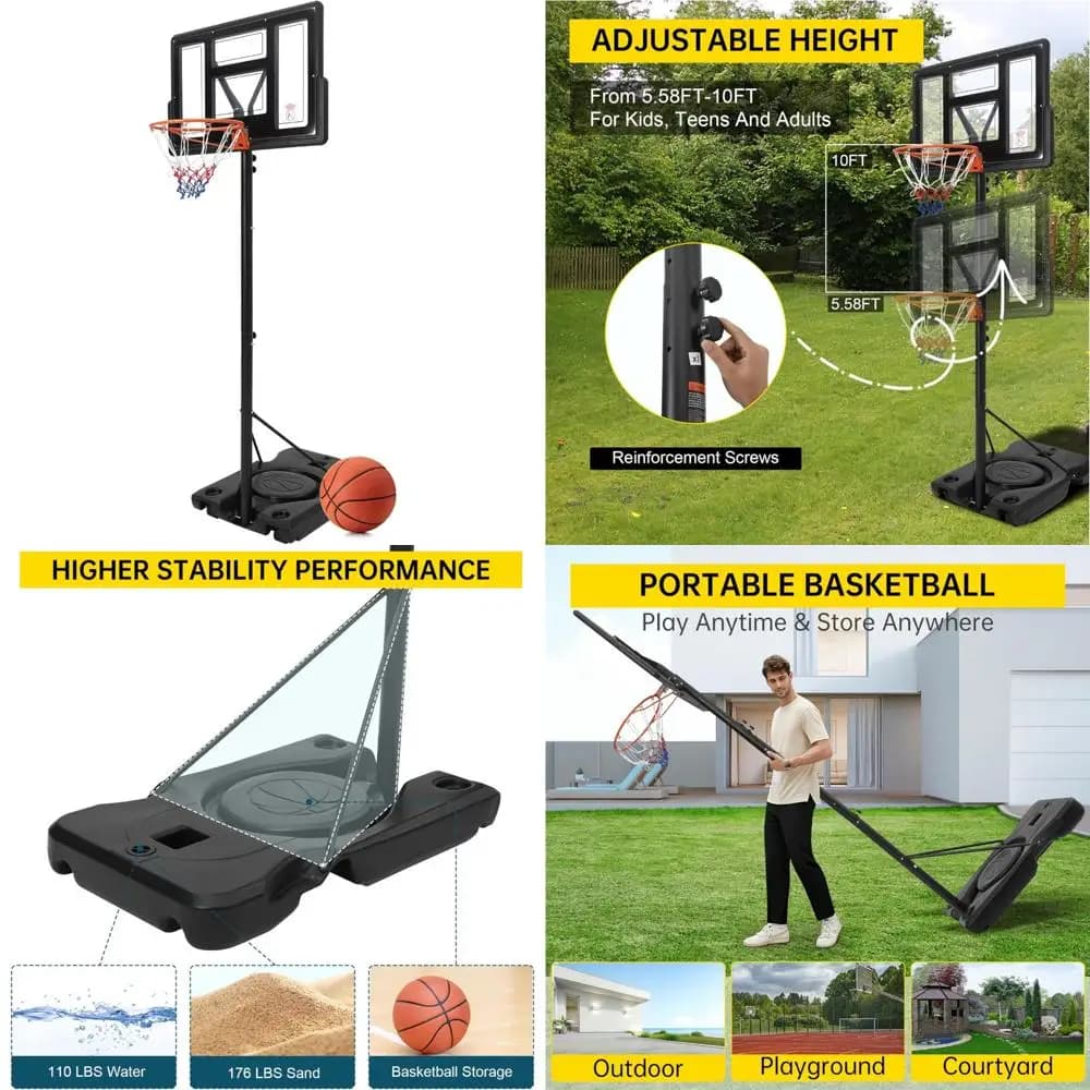 Portable basketball system with adjustable height, 4-10 feet outside basket, enlarged base and PC board for a versatile field