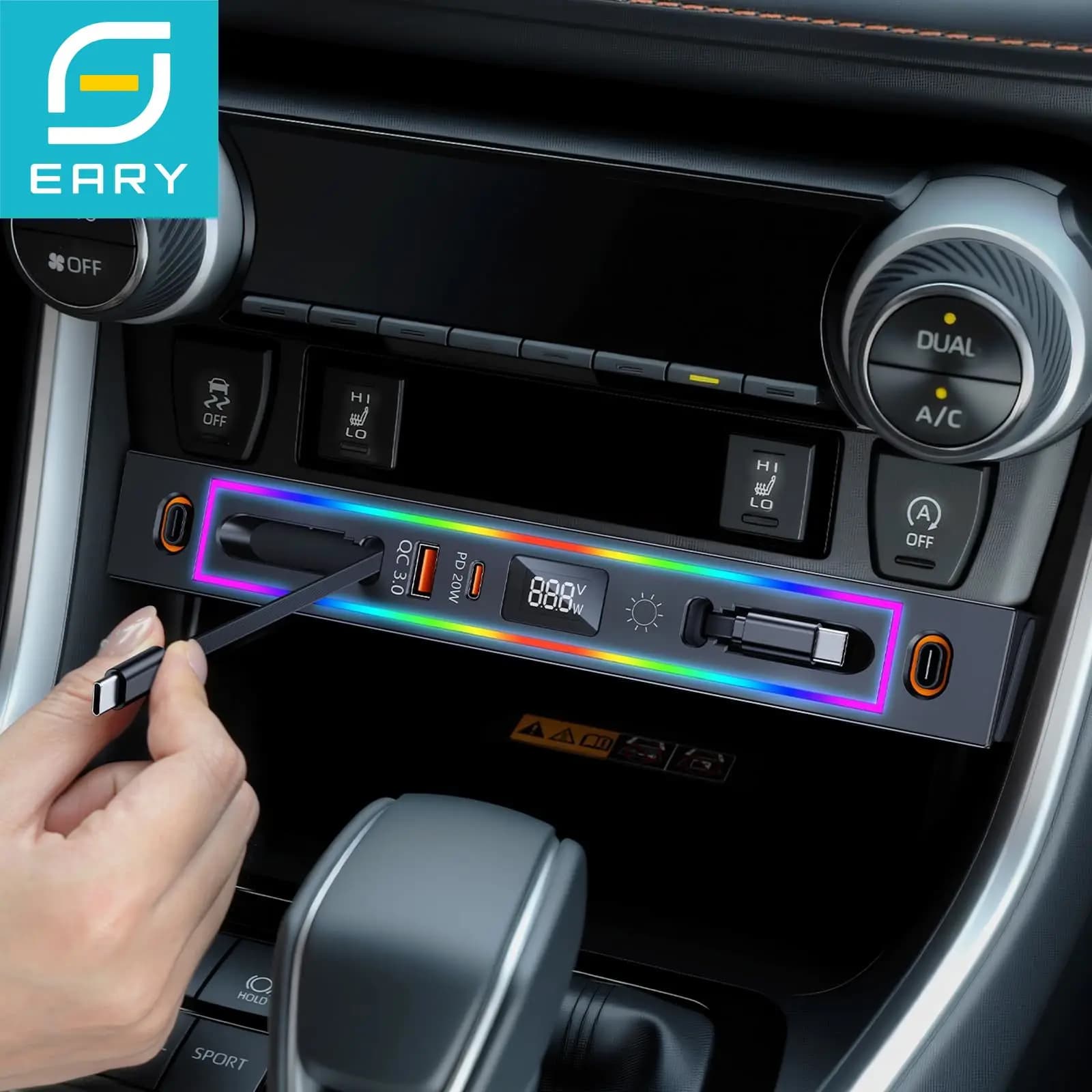 Eary per Toyota RAV4 2025-2020 Caricabatteria per auto Hub USB con luce RGB Docking station retrattile a 4 porte Console centrale Caricatore rapido