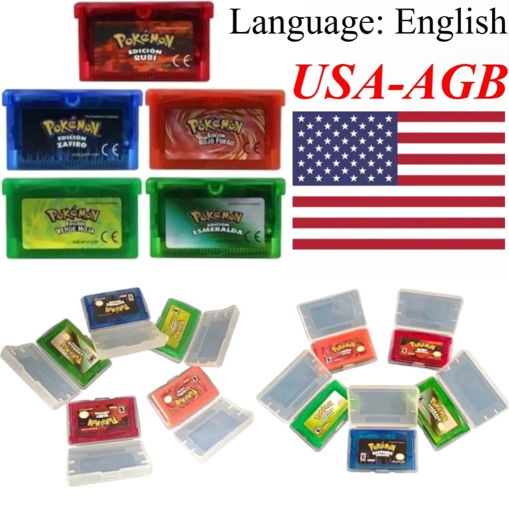 Bundle di Cartucce di Gioco Pokémon USA per GBA a 32 Bit, Versione USA: Ruby, Sapphire, Emerald, FireRed, LeafGreen per Gameboy Advance