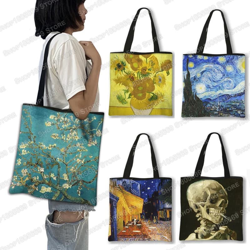Oil Painting in Flower Almond/Night Star Tote Bag Van Gogh Sunflower Bag Women's Shoulder Bag