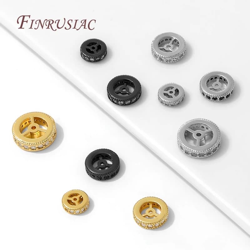 Brass flat beads with 3 sizes zircons for bracelets, 18K gold plated spacer beads for jewelry creation, necklace accessories