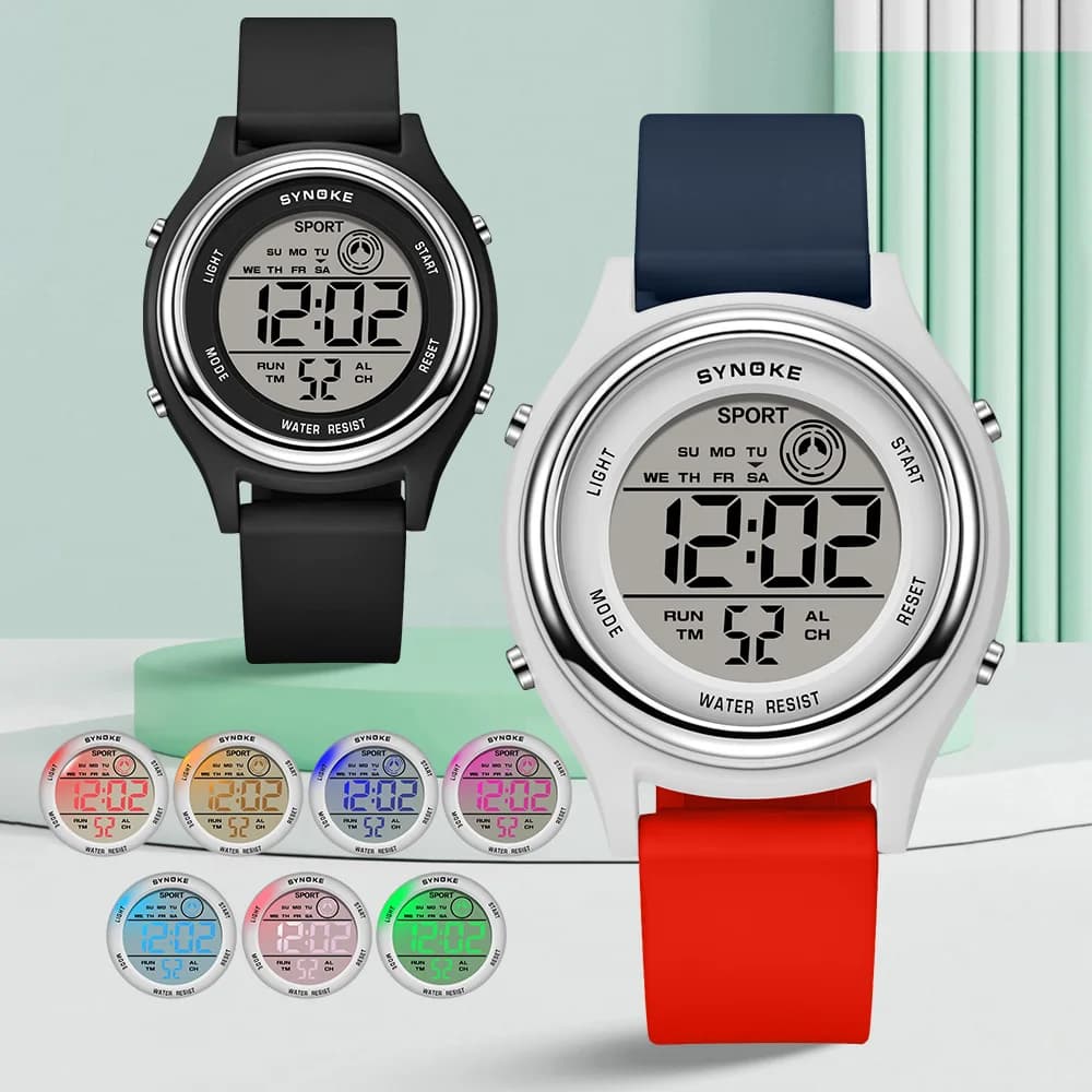 SYNOKE Colorful watches for children with seven lights Sports watch for students Digital watch for children Waterproof electronic clock