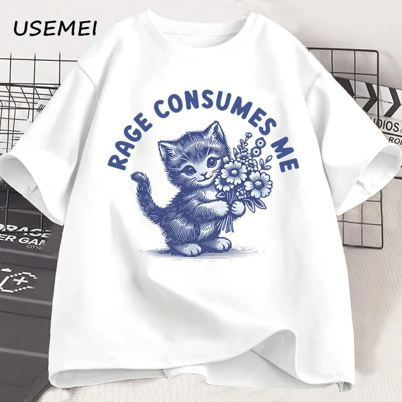 Rage Consume Me Cat T-shirt Weirdcore Funny Exhilarating Cat Meme Unhinged T Shirt Health Humorism Dark T-shirt Clothing Men
