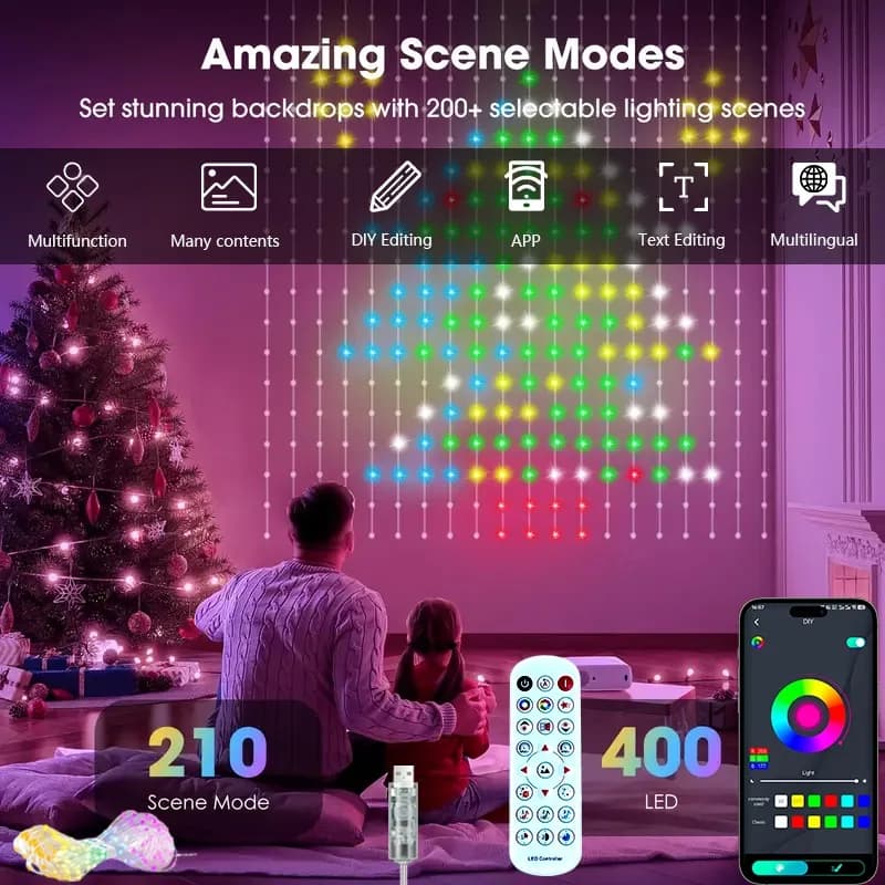Luci per tende intelligenti App per tende da 400 LED String LED Lucine RGB Visualizzazione del cambio musicale fai-da-te per la decorazione della camera da letto della finestra