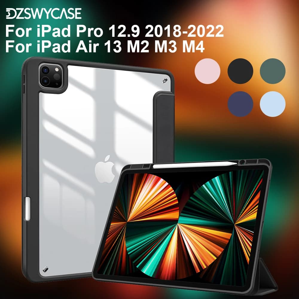 Custodia per iPad Air 13 pollici M2 M3 M4, per iPad Pro 2018-2022 12.9 pollici, cover posteriore trasparente con porta matita, funzione Auto Sleep/Wake