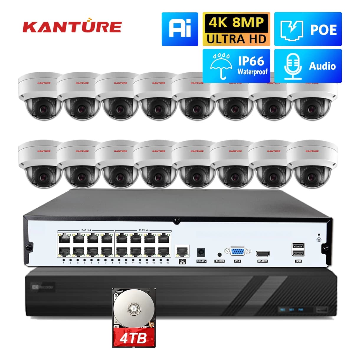 KANTURE H.265 16CH 4K Ultra HD NVR Kit 8MP POE CCTV Security camera system Antivandalo audio dome camera kit for indoor and outdoor