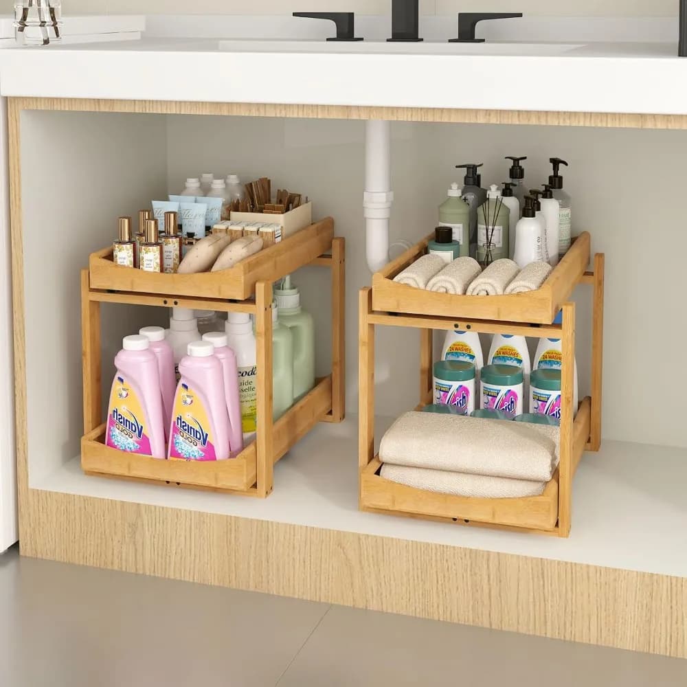 Organizzatore Sottolavello in Bambù Estraibile a 2 Livelli, Scaffale Verticale Scorrevole per Cucina, Bagno, Medicinali, Naturale, Confezione da 2