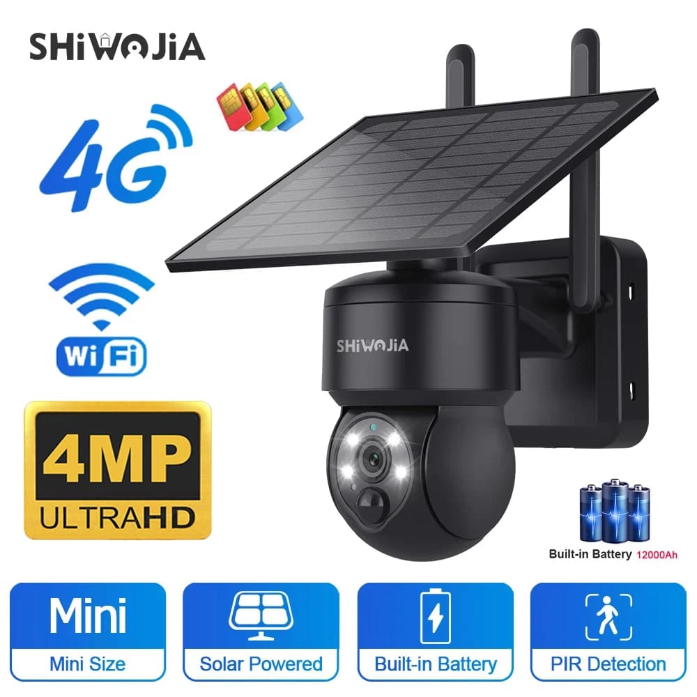 SHIWOJIA WIFI Wireless PTZ telecamera solare 4G SIM 4MP pannello solare esterno bidirezionale protezione di sicurezza Audio telecamera CCTV batteria Cam