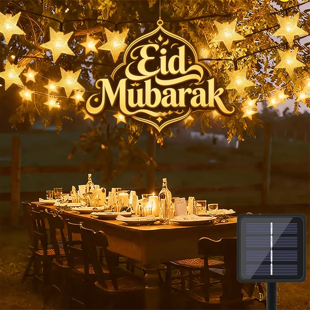 Luci Solari a Stella Eid Mubarak, Catena di Luci LED Solari per Esterni, Decorazioni per Natale, Patio, Giardino, Cortile, Portico, Matrimonio