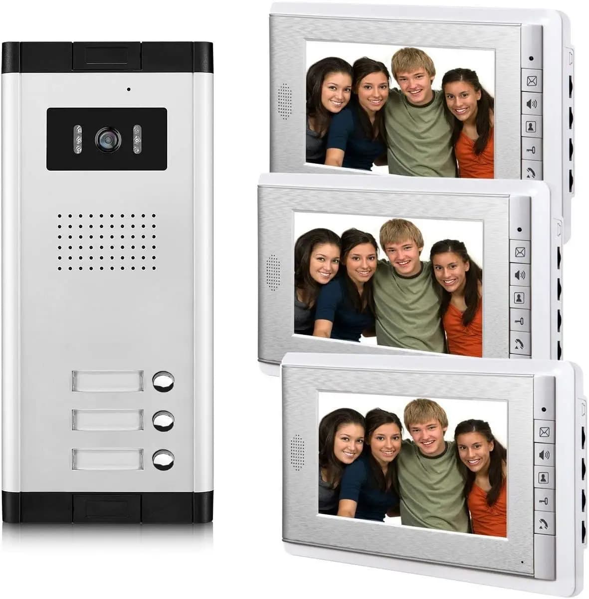 Sistema Citofonico per Appartamenti, Kit Videocitofono Cablato a 3 Unità, Monitor da 7 Pollici, Telecamera IR, Comunicazione Bidirezionale, Sblocco e Monitoraggio