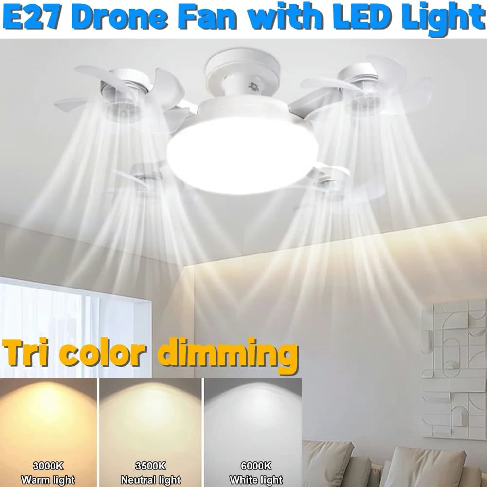 Ventilatore elettrico con lanterna a LED Telecomando Ventilatore drone senza fili con attenuazione universale E27 Ventilatore drone da soffitto silenzioso per interni domestici