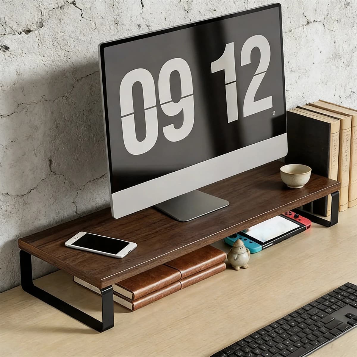 Supporto per Monitor in Legno con Gambe in Metallo - Organizzatore Ergonomico da Scrivania per Computer, Laptop, Ufficio e Casa - Stile Industriale Rustico