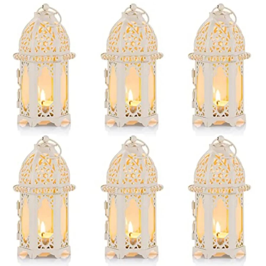 Set di 6 Lanterne per Candele in Stile Marocchino - Portacandele di Piccole Dimensioni con Pannelli in Vetro Trasparente, Ideali per Patio e Interni