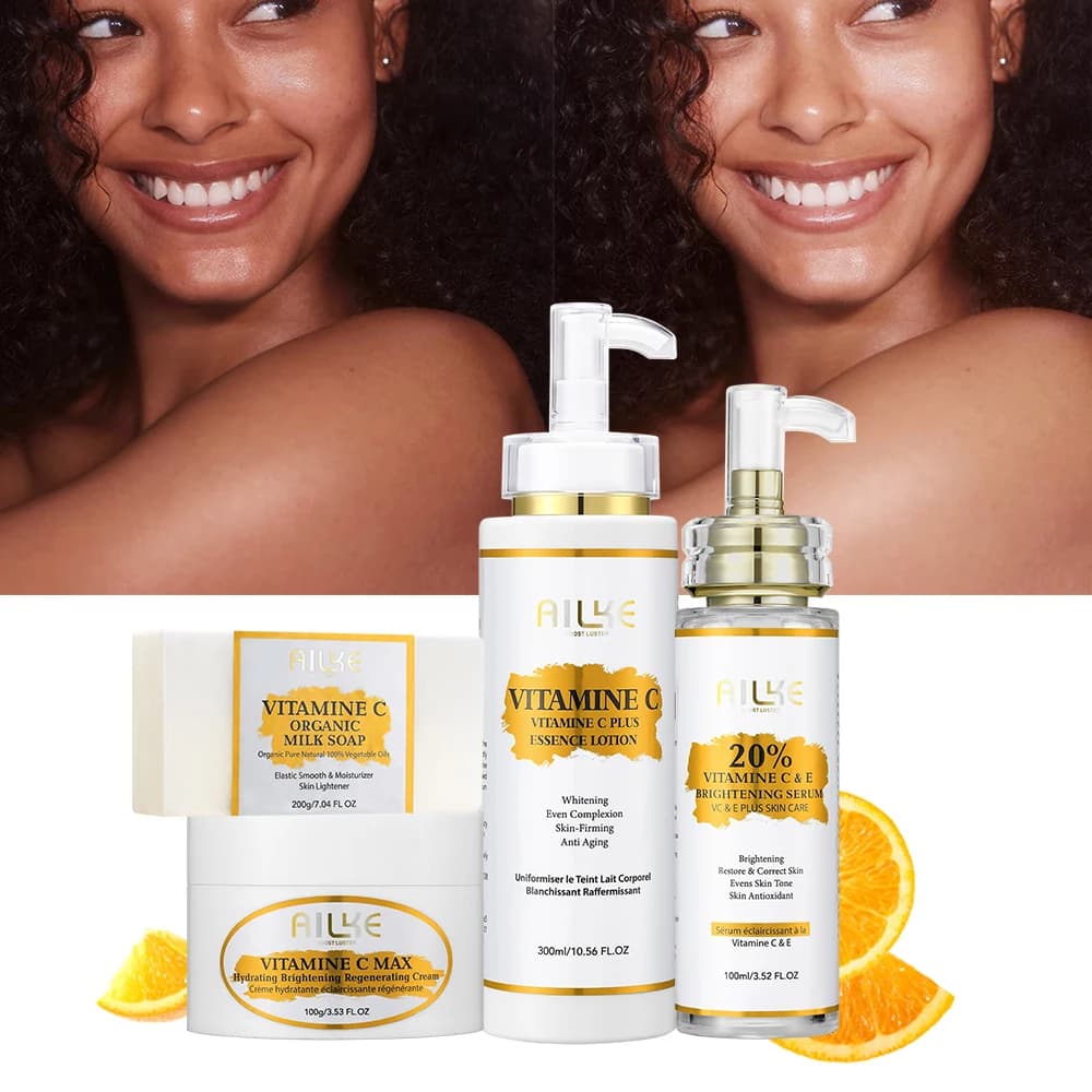 AILKE Set for the care of skin at vitamin C, with lotion for the brightening body, uniform face cream with skin shades, whitening serum, brightening soap