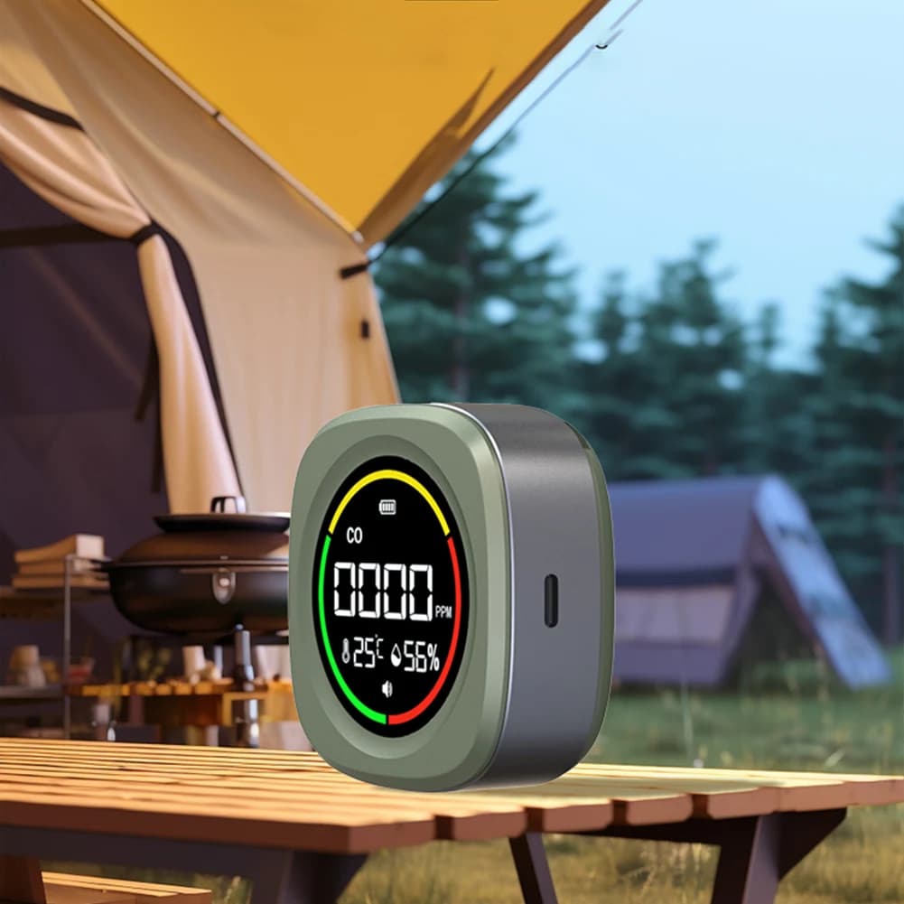 Rilevatore di Monossido di Carbonio 3 in 1 Ricaricabile, Monitor per Qualità dell'Aria CO, Rilevatore di CO, Temperatura e Umidità da 1000mAh per Interni ed Esterni