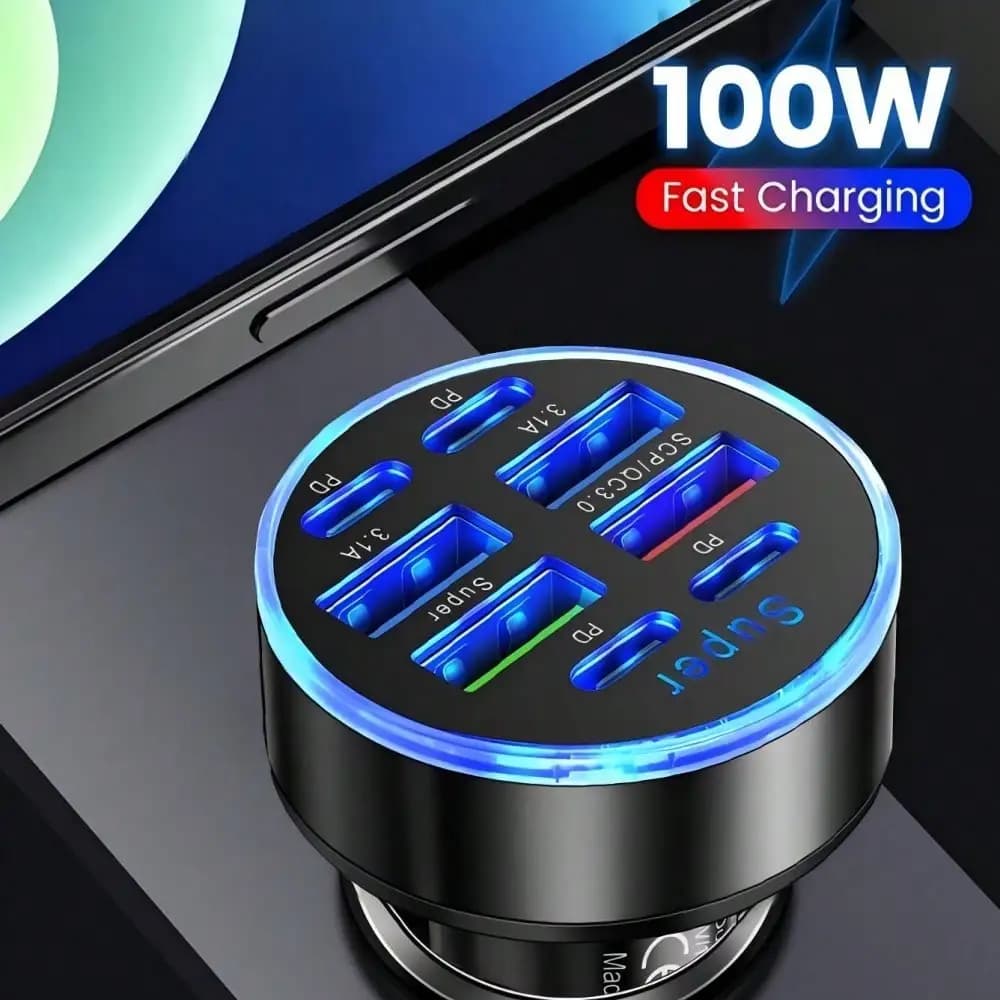Caricabatterie da auto a ricarica rapida multiporta da 100 W, 8 porte, compatibile con iPhone e USB-C PD, hub di ricarica per auto ad alta velocità con connettori USB, da maschio a femmina, batteria non inclusa