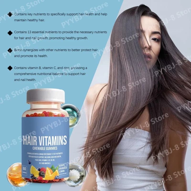 60 caramelle gommose vitaminiche per capelli con 500mg di biotina e multivitamine, favoriscono la crescita sana di capelli e unghie, integratore nutrizionale quotidiano.