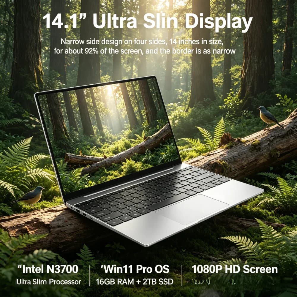 Laptop Ultra Sottile da 14.1" con Intel N3700, Win11 Pro, 16GB RAM, 2TB SSD, Schermo HD 1080P, Notebook per Business e Gaming