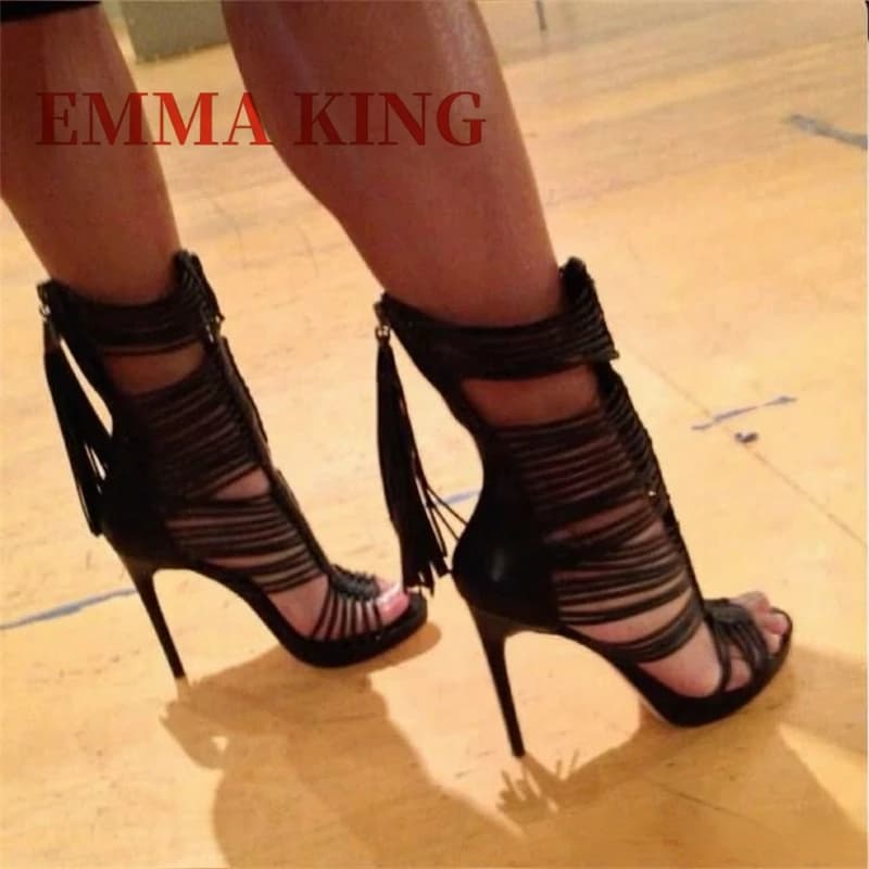 Women boots with open tip and ankle straps Gladiator boots with black high heel with cut-out tassels Elegant shoes 35-44