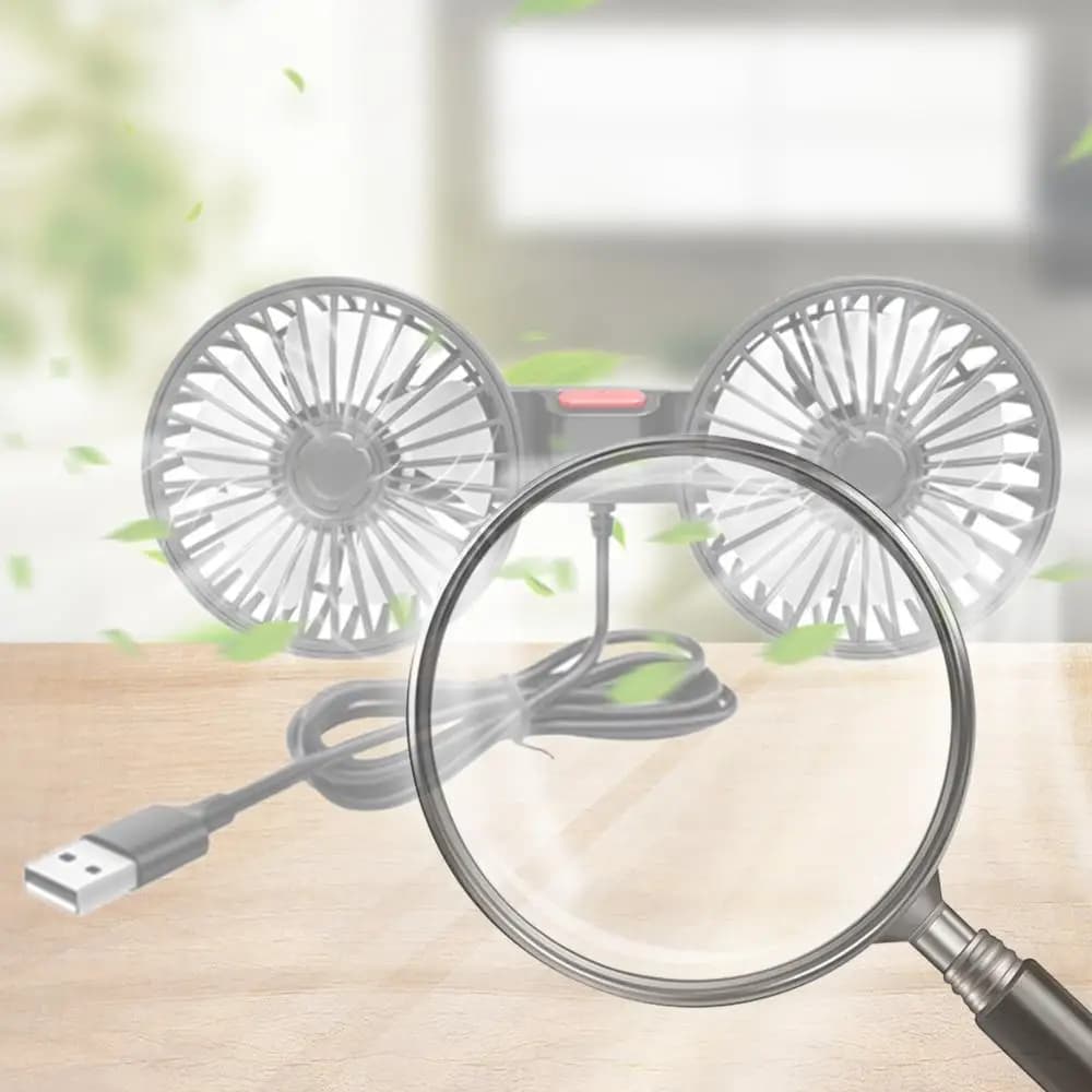 Ventilatore USB 5V per Auto a Doppia Testa, Montaggio su Veicolo, Rotazione a 360 Gradi, Regolabile a 3 Velocità, Elettrodomestico per Auto