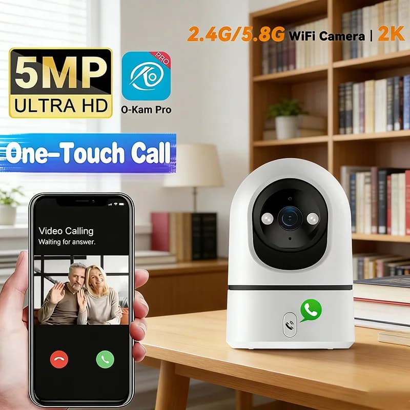 Monitor per Bambini e Telecamera di Sicurezza WiFi 5MP 2.4Ghz&5Ghz per Interni con Chiamata One-Touch, Visione Notturna a Colori e Tracciamento Umano 355 ° PTZ O-Kam Pro