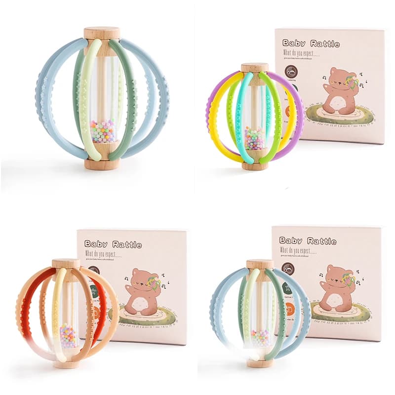 Giocattolo a sonaglio per bambini Tamburo di pioggia in legno con tocco sensoriale per bambini in silicone Giocattolo per la cura dentale del neonato Gomma anti-mangiare la mano Gif in stick molare