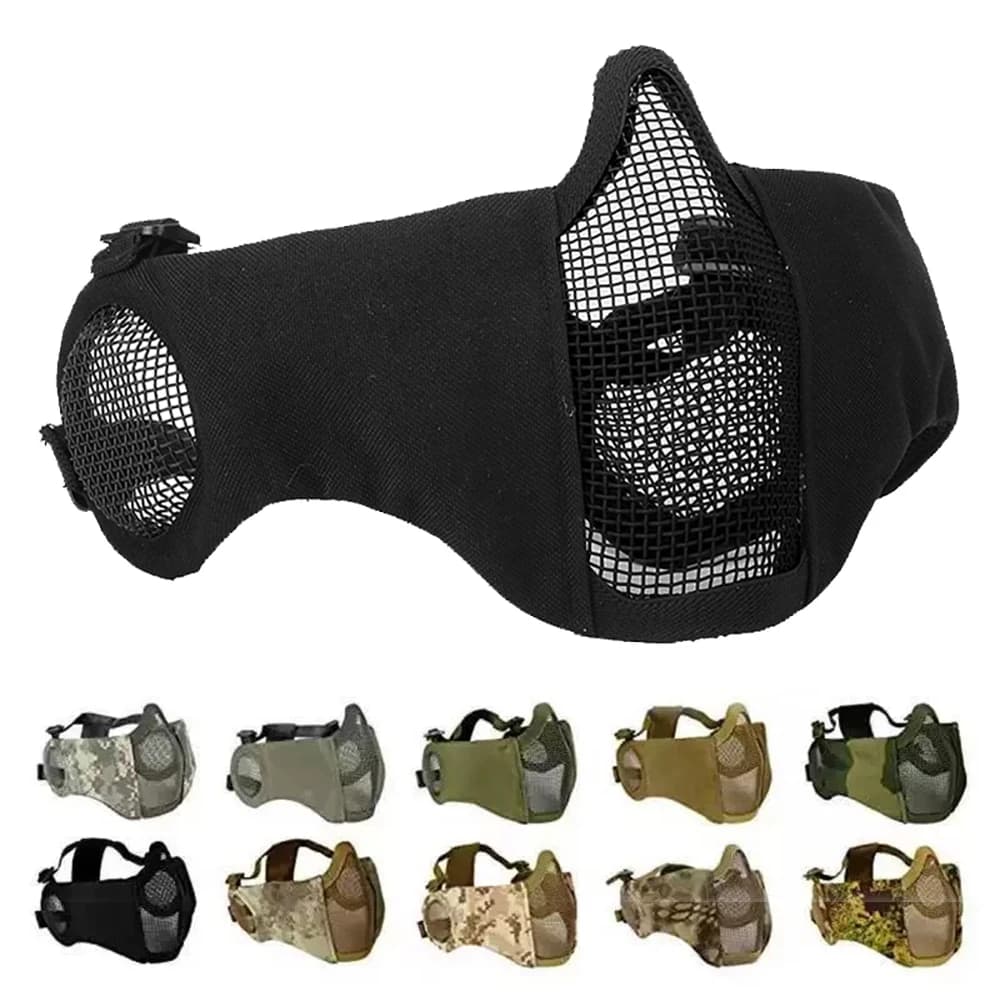 Maschera Tattica Regolabile in Rete Protettiva per Paintball, Caccia e Airsoft, Mezza Faccia con Protezione per le Orecchie, Traspirante