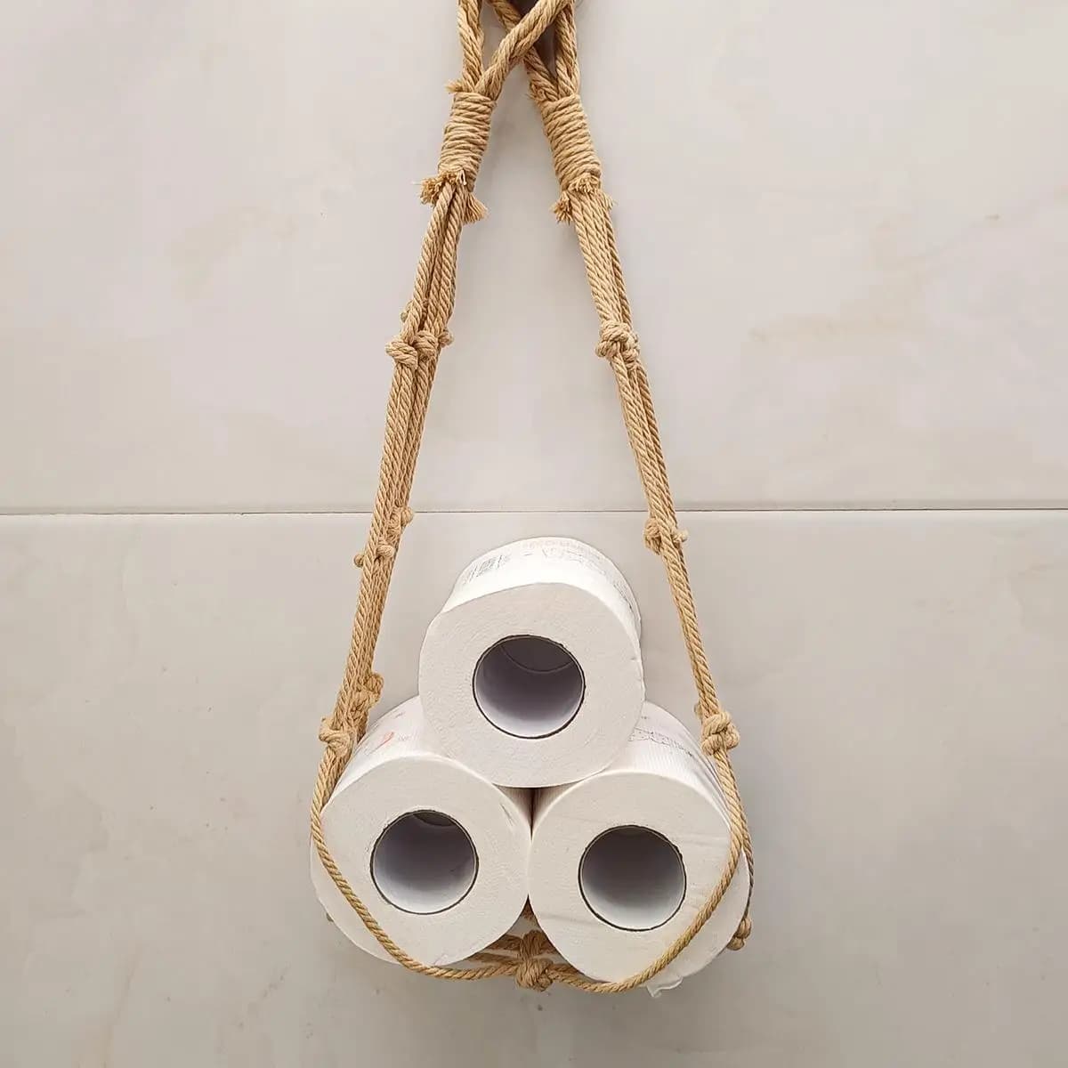 Portarotolo da appendere in corda di cotone intrecciata, organizer fatto a mano per rotoli di carta igienica da bagno