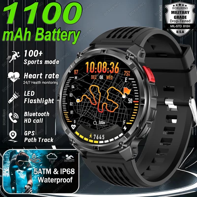 Nuovo Smartwatch Militare con Batteria da 1100mAh, Bussola, Impermeabile 5ATM, Tracker Sportivo GPS per Attività all'Aperto