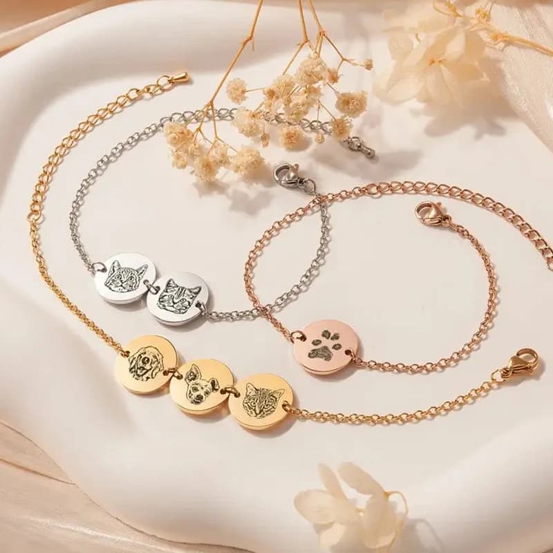 Ritratto personalizzato di cane da compagnia Bracciale rotondo Incisione in acciaio inossidabile Ritratto di gatto Stampa zampa di gatto Gioielli per animali domestici Regalo per la perdita di animali Regali per animali domestici