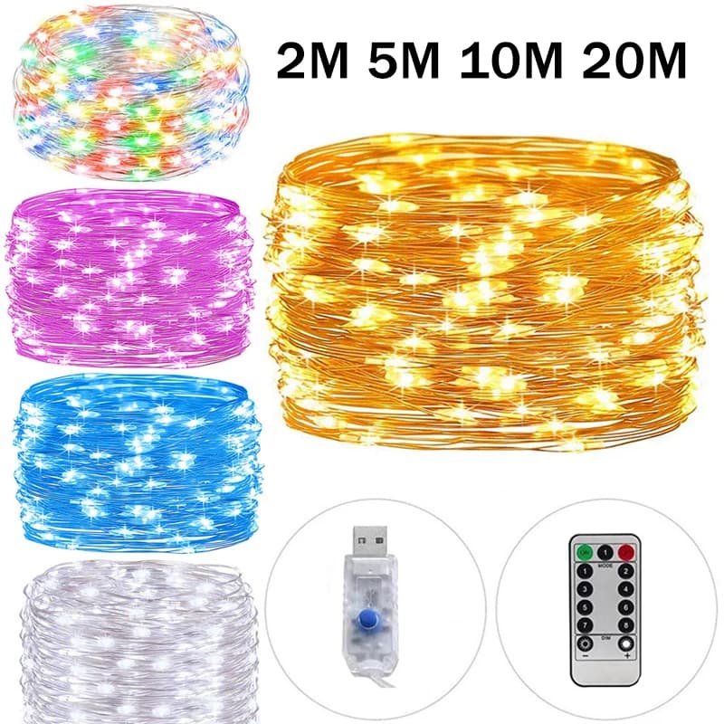 Luci a stringa LED con telecomando, 8 modalità, USB, filo in rame/argento per decorazioni di matrimoni, feste e casa