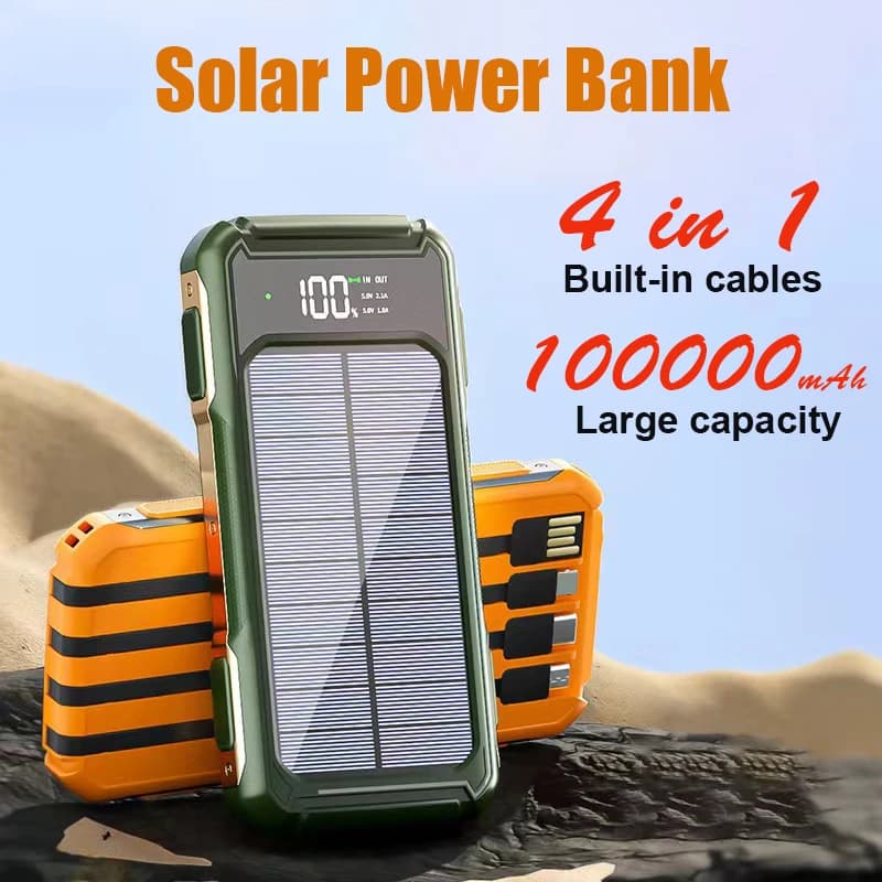 Integrated Solar Power Bank Cable 4 in 1 100000 High Capacity Charger mAh Quick Charging Battery with Smart Digital Display 2025