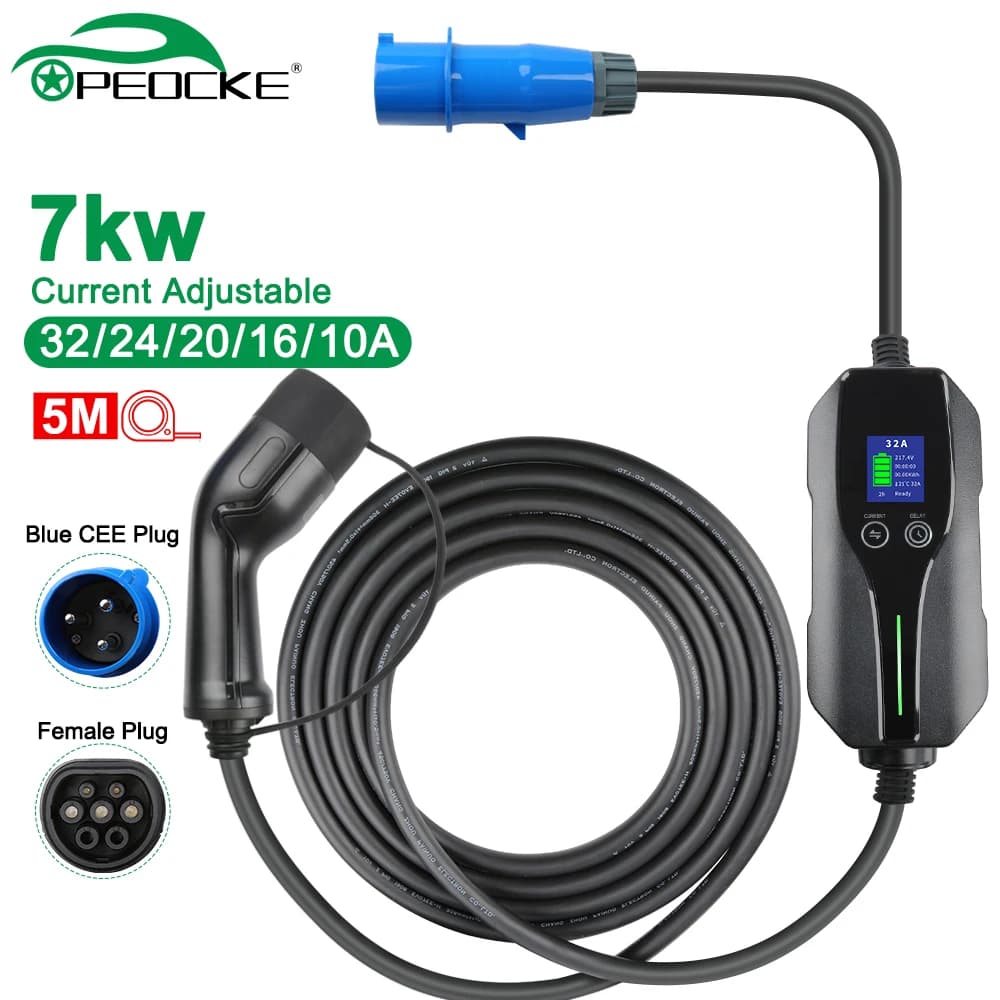Peocke 7KW EV portable charger type 2 IEC62196-2 plug with EVSE charging box EEC plug car charger for electric vehicle chargers