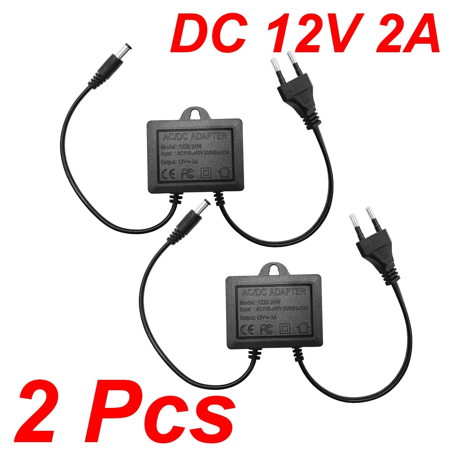 JIENUO 2 pezzi Adattatore di alimentazione DC12V 2A Nero Spina EU Impermeabile per esterni per Telecamera CCTV Sistema di sorveglianza NVR DVR Router Monitor LED