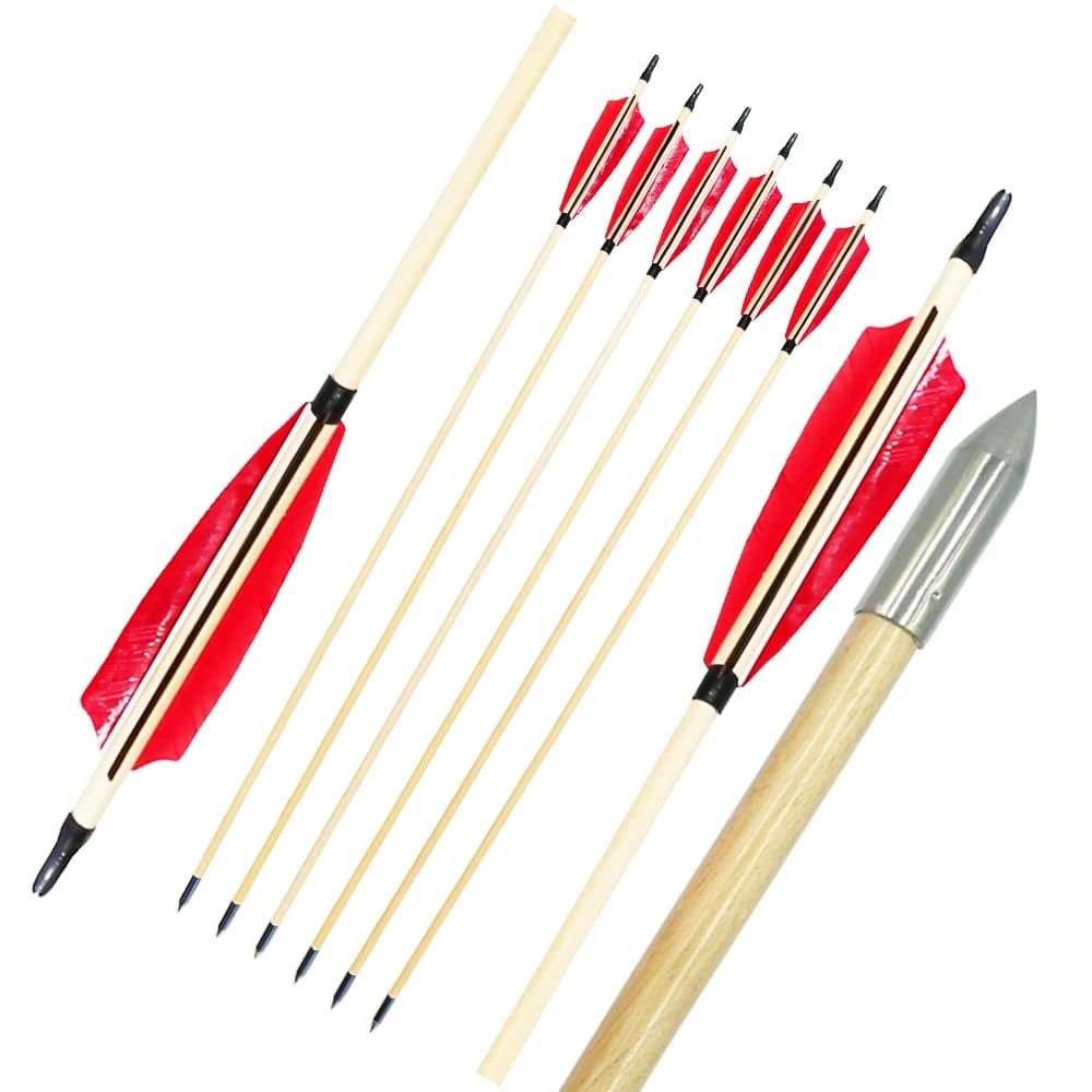 6/12/24 Pezzi Frecce in Legno Tradizionali Fatte a Mano con Piume di Tacchino da 5 Pollici, Asta in Legno, Self Nock, Frecce da Tiro al Bersaglio per Arco Ricurvo