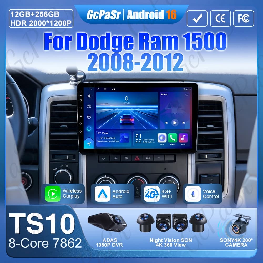 Android 16 For Dodge Ram 1500 2008-2012 GPS Navigation Video Auto Radio Carplay No 2din Monitor for Auto Multimedia Automotive Screen